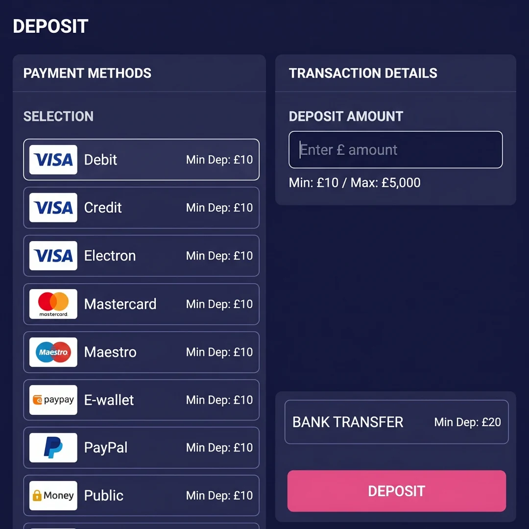 Fortunica Casino cashier showing Visa Mastercard Skrill Neteller and cryptocurrency deposit options