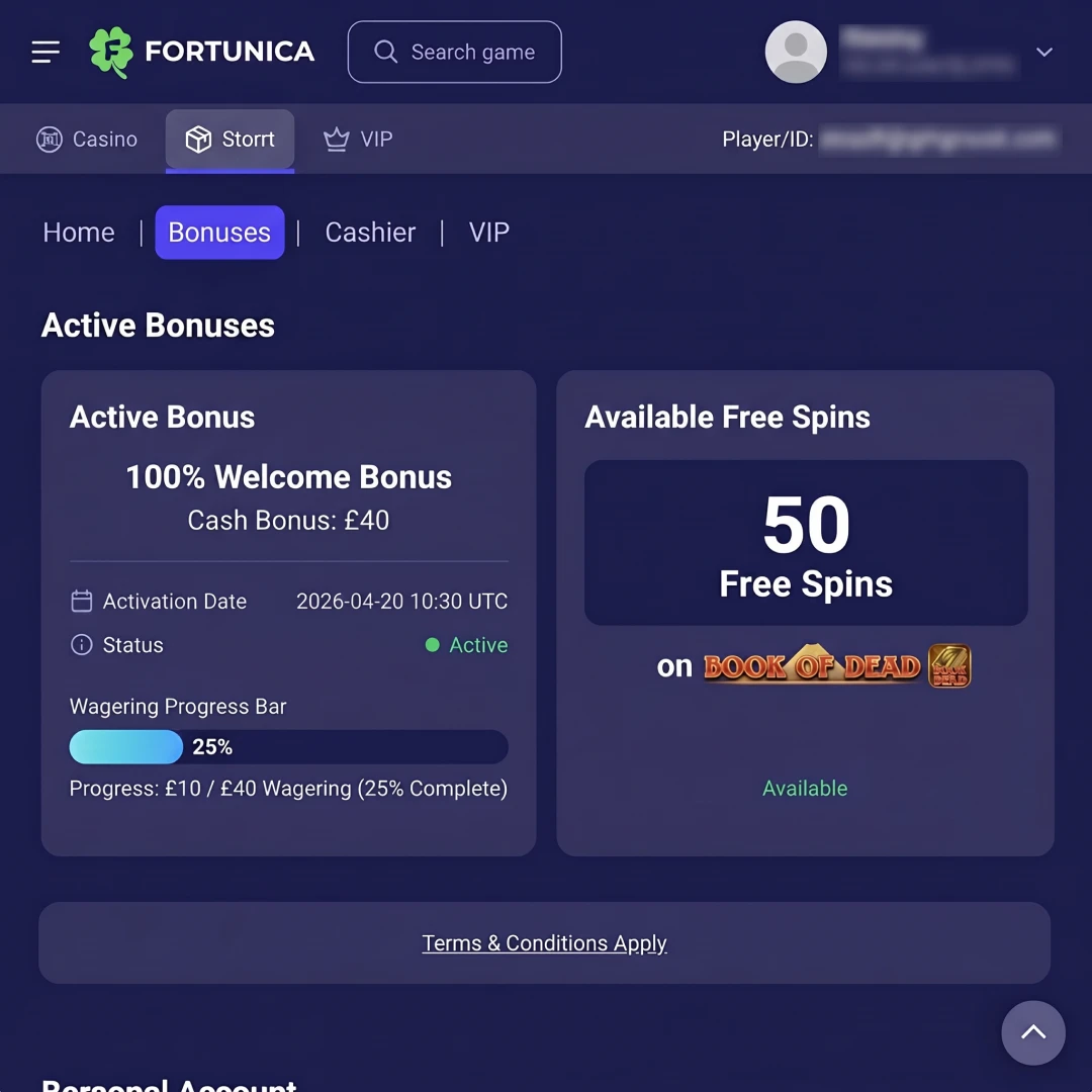 Fortunica Casino first deposit bonus confirmation showing £40 bonus credited and 50 free spins on Book of Dead