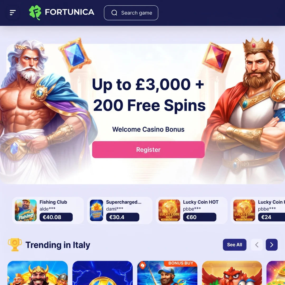 Fortunica Casino UK homepage showing the £3,000 welcome bonus and 200 free spins offer