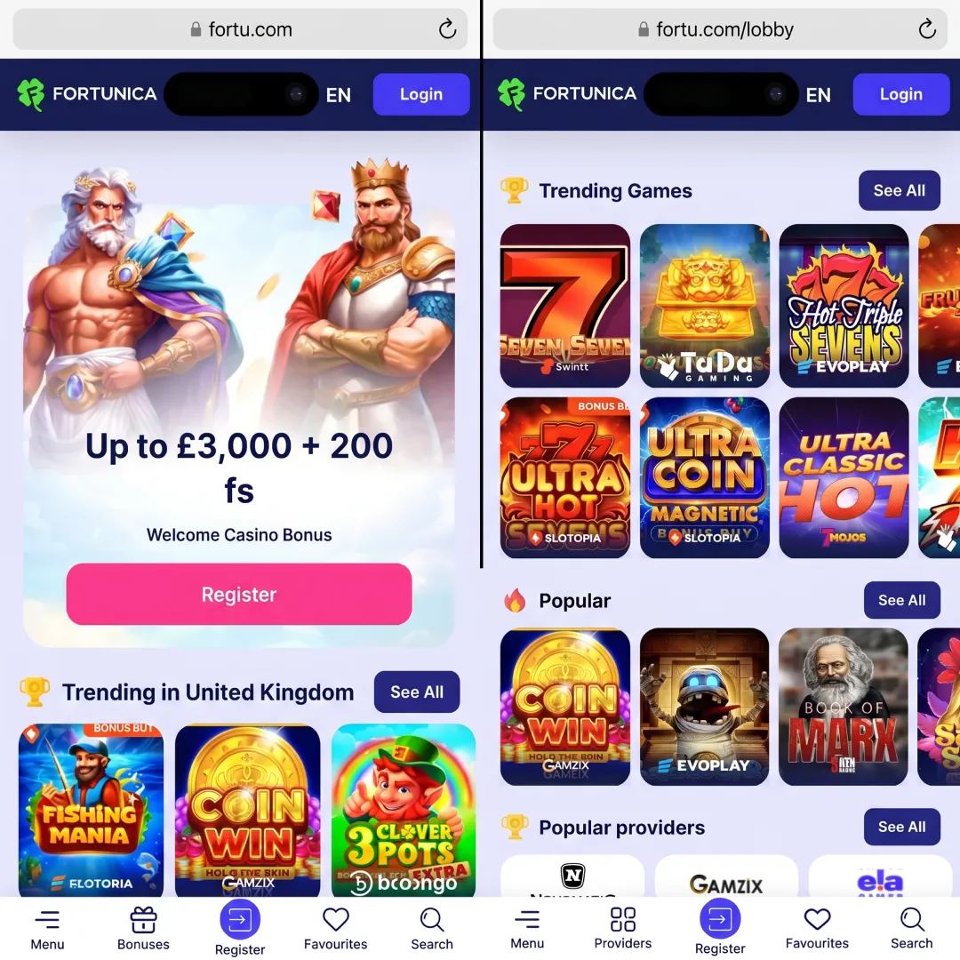 Fortunica Casino mobile site running on iPhone 15 and Samsung Galaxy S23 in browser mode