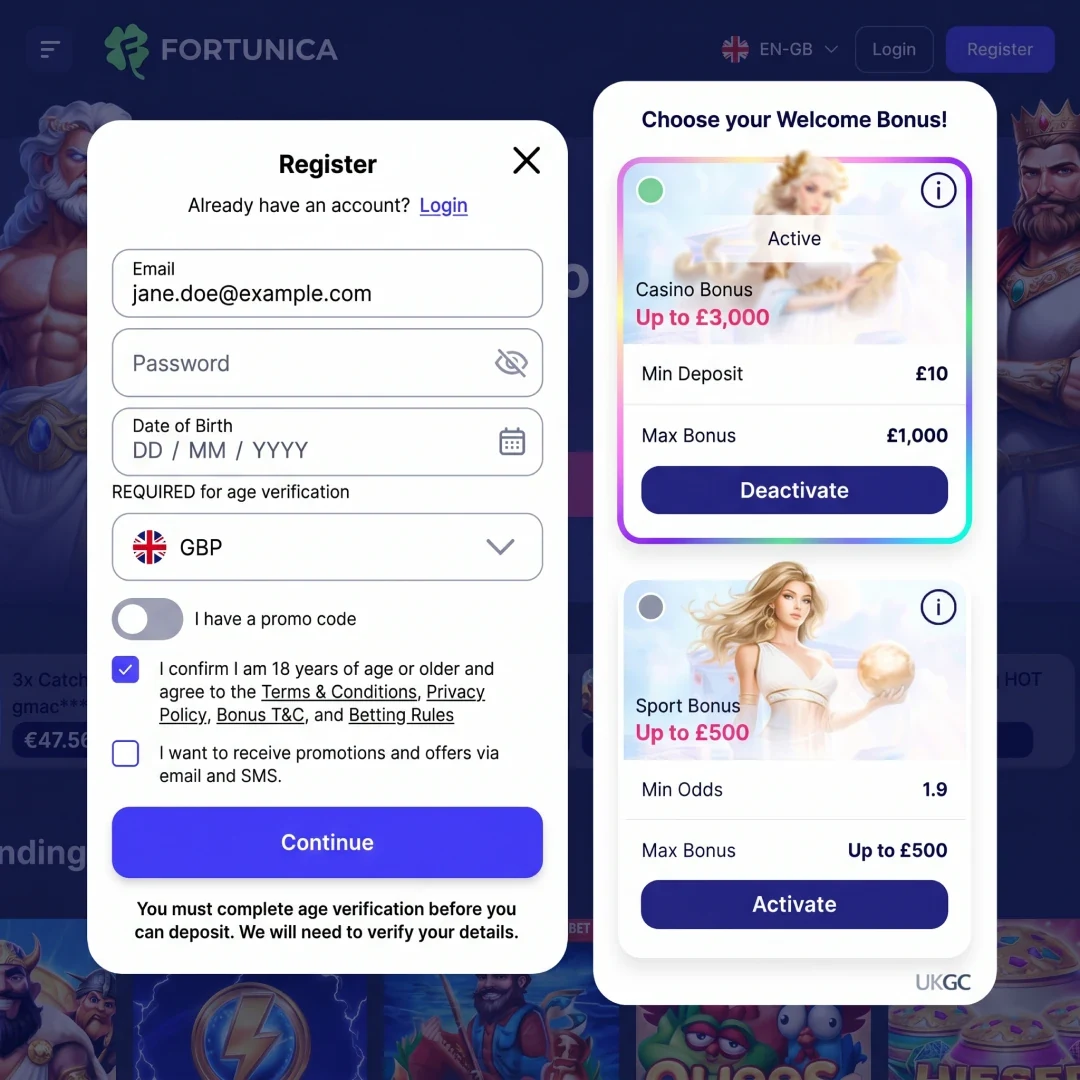 Fortunica Casino UK registration form with age verification and responsible gambling consent fields