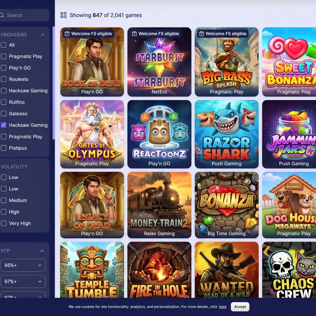 Fortunica Casino slots lobby with provider volatility and RTP filters showing over two thousand games